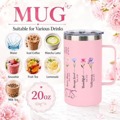 Sister Birthday Gifts, Sisters Gifts from Sister, 20 Oz Pink Floral Insulated Coffee Mug with Handle and Lid, Christmas Birthday Gift Tumbler for Sisters Adult, Big Sis Gift - Image 5