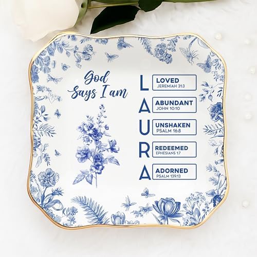 LOVELYPOD Personalized Christian Name Jewelry Tray with Bible Verses, Ring Holder Dish, Custom Scripture Gift for Women, God Says I Am Toile De Jouy, Faith Home Decor, Religious Gift by LOVELYPOD