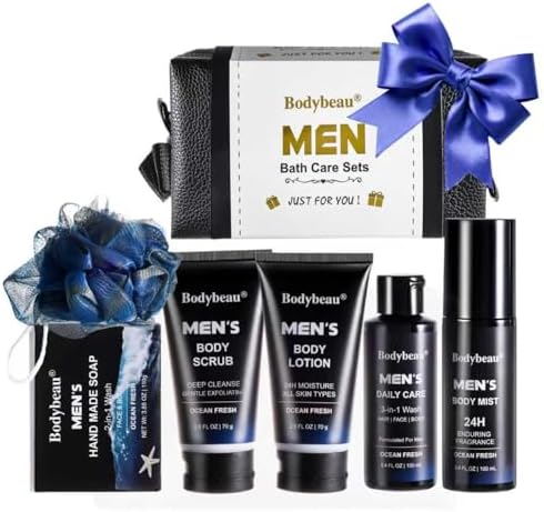 Men's Bath and Body Spa Set, 7-Piece Kit with 3-in-1 Shower Wash, Body Scrub, Body Mist, 2-in-1 Handmade Soap and Travel Bag, Personal Care Set for Men by BeautifierLife