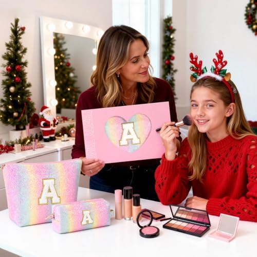 mibasies 2 PCS Initial Makeup Bags for Women: Cosmetic Bag for Travel Toiletry - Birthday Gifts for Teen Girl Gifts Trendy Stuff - Graduation Teacher Gift for Girlfriend -Glitter Rainbow A - Image 2