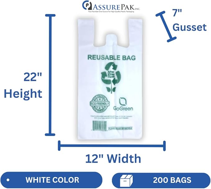 ASSUREPAK White PP Non Woven Reusable Bags - 200 Bags - 1/6 BBL 12"X7"X22" - 45 GSM - White - WHT12722PPNWRB45