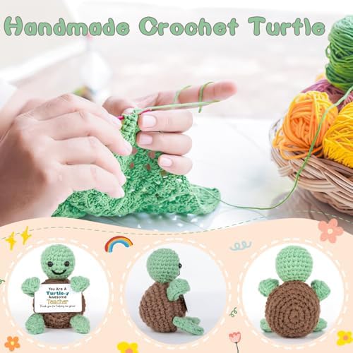 4THFARMES Mini Funny Turtle Christmas Teacher Gifts for Women Men, End of Year Thank You Teacher Gifts Ideas, Personalized Cool Small Cute Stuff Things, Handmade Emotional Positive Crochet Turtle - Image 3