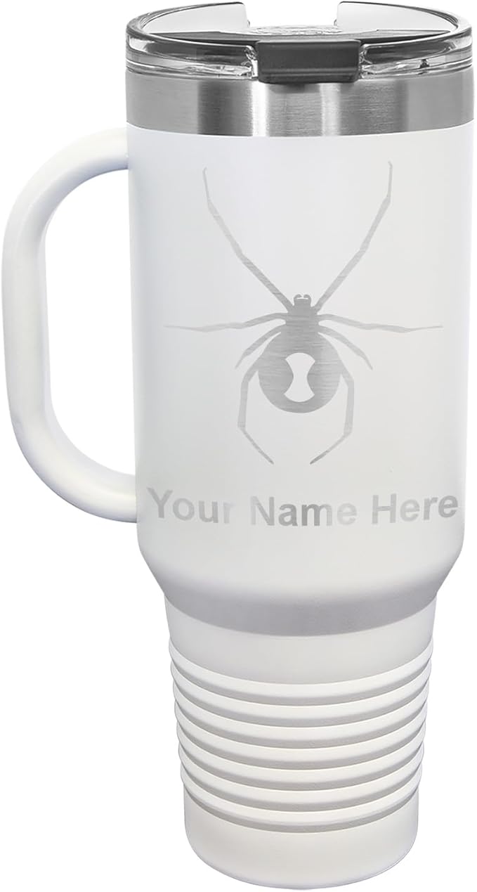 LaserGram 40oz Vacuum Insulated Travel Mug with Handle, Black Widow Spider, Personalized Engraving Included (White)