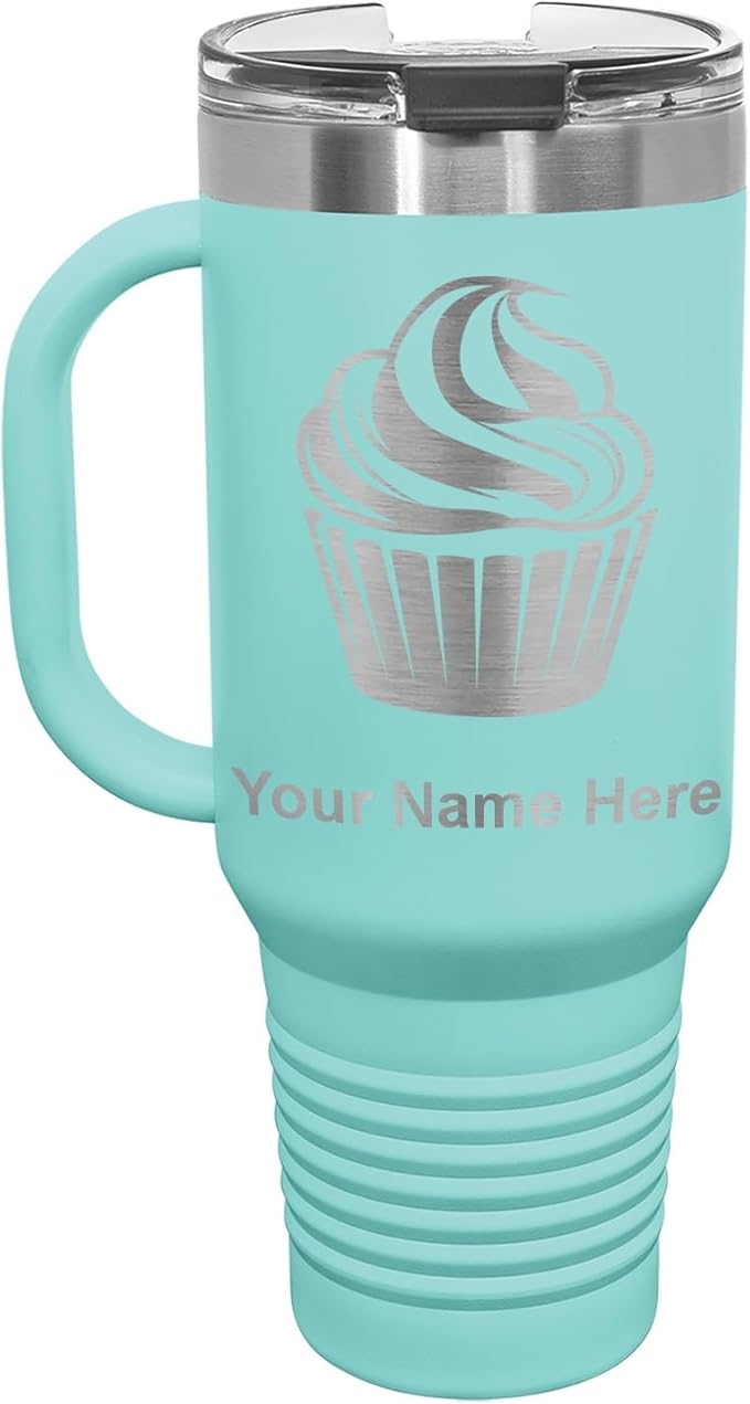 LaserGram 40oz Vacuum Insulated Travel Mug with Handle, Cup Cake, Personalized Engraving Included (Teal)