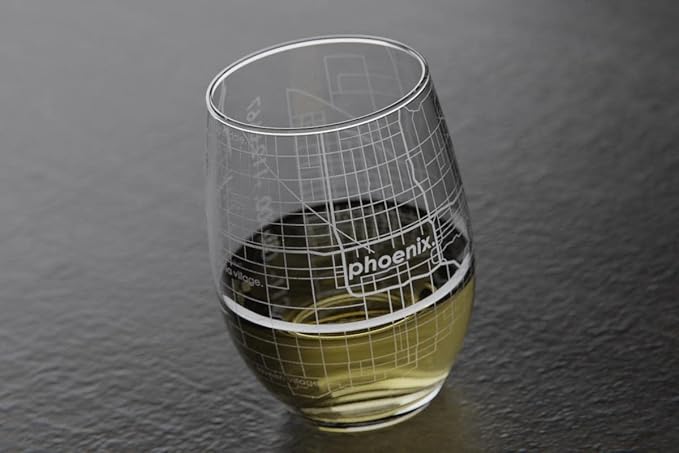 Well Told Engraved Phoenix Arizona Map Stemless Wine Glass, Etched Glass (15 oz, Clear) City Custom Gifts for Lovers