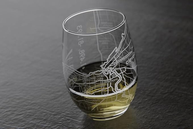 Well Told Engraved Cleveland Ohio Map Stemless Wine Glass, Etched Glass (15 oz, Clear) City Custom Gifts for Lovers