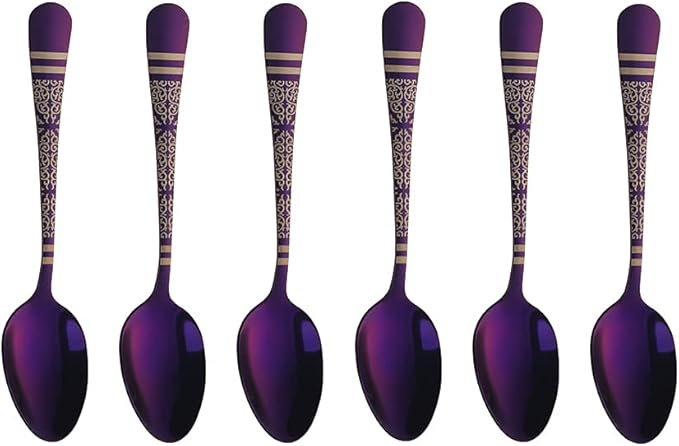 Purple Unique Pattern Design Coffee Espresso Spoons Mini, Mingcheng Stainless Steel Small Teaspoons Silverware Set of 6, BISDARUN 5.5 Inches Food Spoons for Demitasse Dessert Tea
