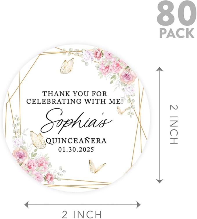 Andaz Press 40-Pack Personalized 2" Round Circle Quinceañera Labels Butterflies & Florals Custom Thank You for Celebrating with Me Sticker Labels for Quince 15th Birthday Favors, Decorations