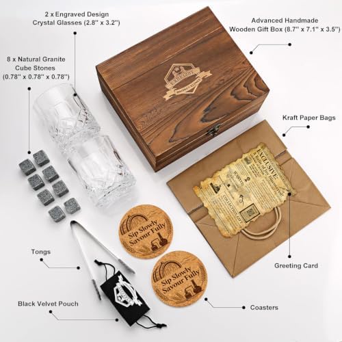 Whiskey Stones Gift for Men, Whiskey Glasses Set of 2 with Premium Wood Box - Image 2