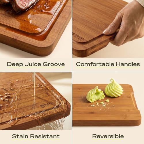 ROYAL CRAFT WOOD Wooden Cutting Boards for Kitchen Meal Prep & Serving - Bamboo Non Toxic Cutting Board Set with Deep Juice Groove Side Handles - Charcuterie & Chopping Butcher Block for Meat (3 Pcs) - Image 4