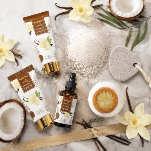Vanilla Coconut Bath Gift Set, Spa Basket with Body Wash, Lotion, Bath Bomb, and Serum - Image 5