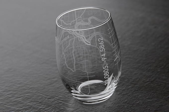 Well Told Engraved Kansas City Missouri Map Stemless Wine Glass, Etched Glass (15 oz, Clear) Custom Gifts for Lovers