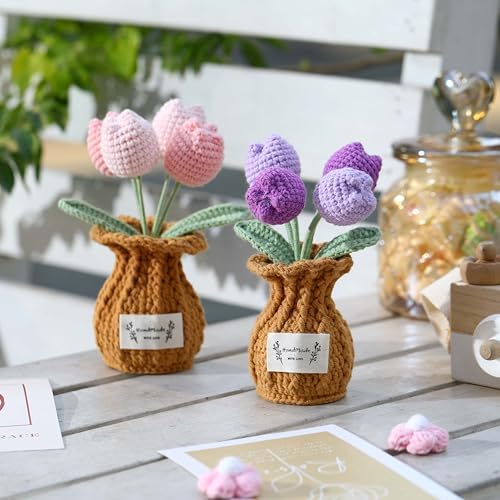 Tulip Crochet Flower Potted Plant Handmade Desk Decor Gift - Image 3