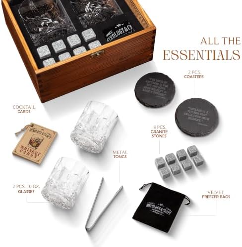 Mixology & Craft Whiskey Stones Gift Set: with Two 10oz Lead-Free Crystal Whiskey Glasses, 8 Whiskey Stones with Velvet Bag, 2 Slate Coasters & Recipe Cards in Wooden Crate | Great - Image 6