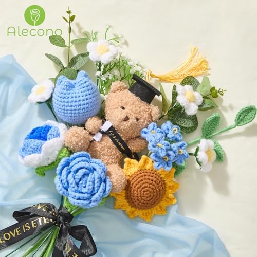 Alecono Blue Graduation Crochet Flower Bouquet Handmade Floral - Image 5