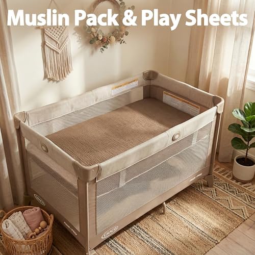 Pro Goleem Muslin Pack n Play Sheets for Boys and Girls, Soft Breathable Cotton Fitted Mini Crib Sheets, Neutral Baby Sheets for Playard Mattress, 2 Pack (Brown＆Beige) - Image 2