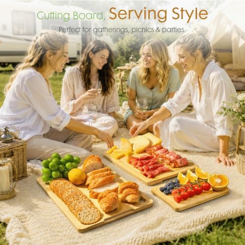 Astercook Nature Bamboo Cutting Boards for Kitchen with Wood Storage Stand, Reversible Charcuterie & Chopping Boards with Juice Grooves and Easy-Grip Handles - Image 7