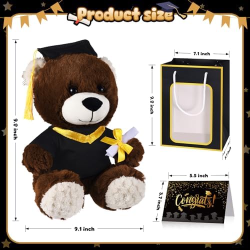 Bear with Graduation Cap Toys Class of 2026 Plush Stuffed Teddy Bear Animal Dog Cap and Gown with Greeting Card and Bag for Graduation Day Gift(Black A) - Image 2