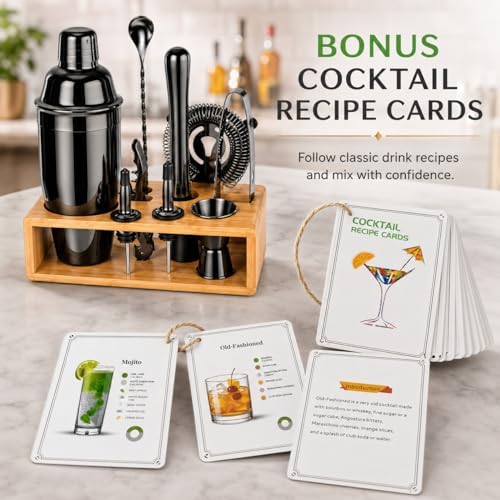 Black Cocktail Shaker Set, Premium 18/8 Stainless Steel Mixology Bartender Kit with Stylish Bamboo Stand 10-Piece Bar Tools & Accessories for Home Bar for Men, Dad, Husband - Image 6