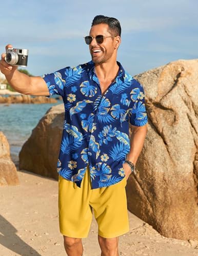 COOFANDY Men's Hawaiian 2 Piece Outfits Floral Button Down Shirt and Shorts Vacation Outfits Summer Beach Matching Set - Image 2