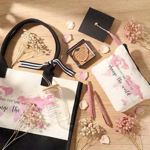 Vesici 8 Pcs Graduation Gifts Set for Women Her 2026 with Tote Bag Makeup Bag Bracelet Box Glass Cup Pens Class of 2026 Congratulations Graduate Gift Basket for College Senior Nurse(Pink) - Image 5