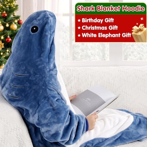 Waitu Shark Blanket Hoodie Funny Birthday Gifts for Women Mom Men Boys Girls, Zipper Wearable Shark Hooded Blanket Cute Shark Costume Cozy Flannel Shark Sleeping Bag for Shark Gifts (Adult, Blue) - Image 3