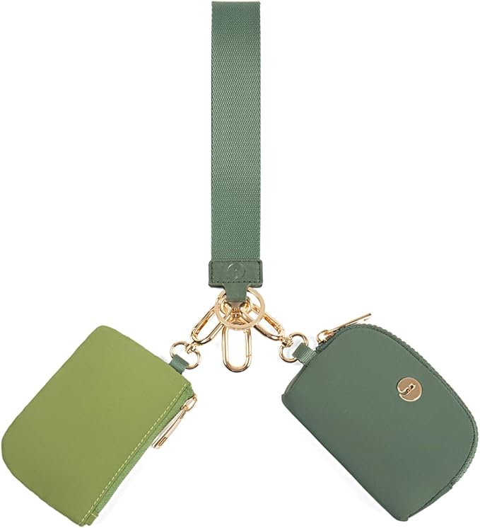 Dual Pouch Wristlet Keychain Wallets for Women with 2 Detachable Zipper Coin Purse - Small and Portable Mini Card Wallet for Women Men Gold Hardware Green+Dark Green