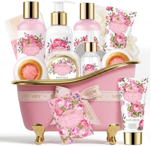 Spa Bath Gift Set in Pink Mini Bathtub with Bath Bomb, Loofah, and Ribbon, Self-Care Gift by NOMEMIO