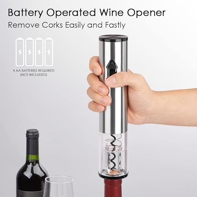 CIRCLE JOY 5-in-1 Electric Wine Opener Gift Set Stainless Steel Electric Wine Bottle Opener Battery Operated Corkscrew with Foil Cutter, Wine Pour, Wine Stopper and Storage Base, Silver