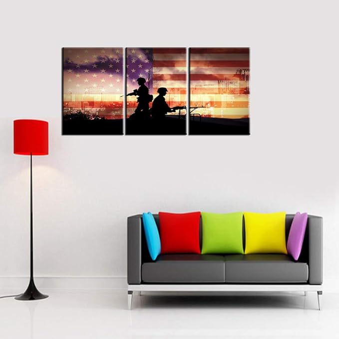 Native American Flag Wall Decor USA Soldiers Paintings Military Gun Black Pictures 3 Panel Canvas Wall Art Bedroom House Decor Patriotic Artwork Framed Ready to Hang Posters and Prints(42''Wx20''H)