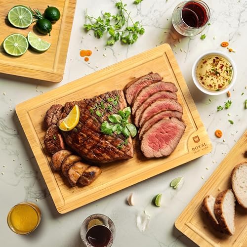 ROYAL CRAFT WOOD Wooden Cutting Boards for Kitchen Meal Prep & Serving - Bamboo Wood Serving Board Set with Deep Juice Groove Side Handles - Charcuterie & Chopping Butcher Block for Meat - Image 6