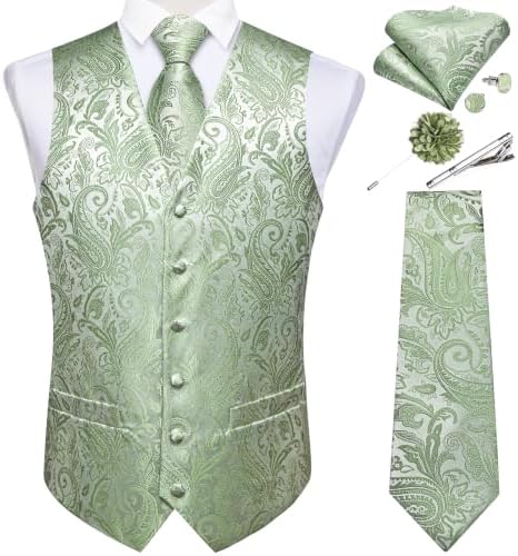 DiBanGu Mens Vest and Tie Set Formal Paisley Waistcoat and Necktie Pocket Square Cufflinks Silk Suit Vest for Tuxedo Wedding by DiBanGu