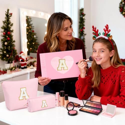 mibasies 2 PCS Initial Makeup Bags for Women: Cosmetic Bag for Travel Toiletry - Birthday Gifts for Teen Girl Gifts Trendy Stuff - Graduation Teacher Gift for Girlfriend -Lattice Pink M - Image 2