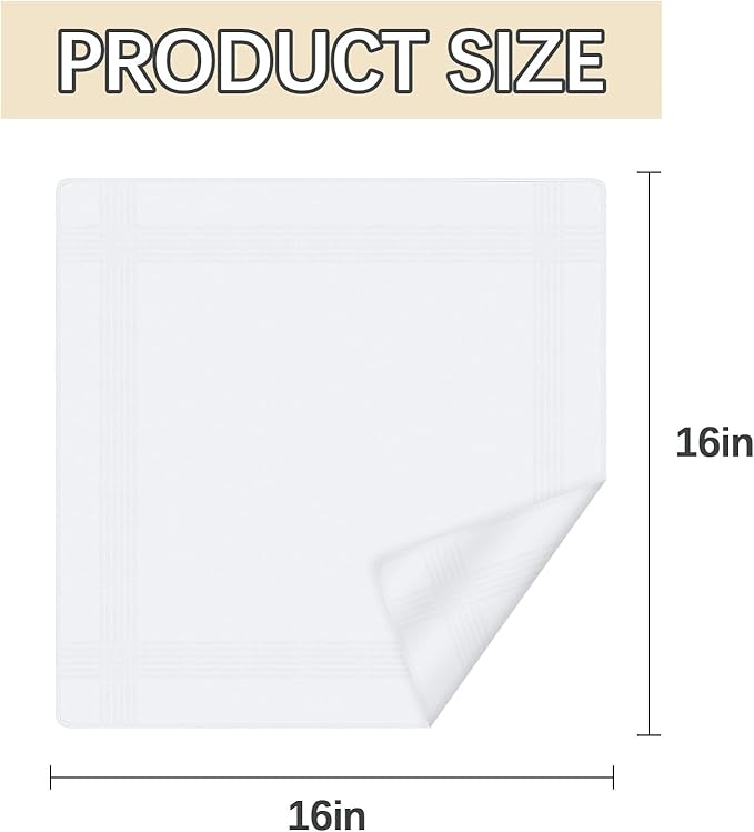 24 PCS 16'' x 16''Handkerchiefs for men 100% Soft Cotton White Hankie handkerchief bulk father's day gifts (24pcs 16'' x 16'')