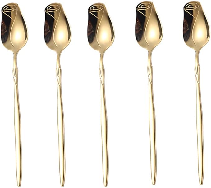 Stainless Steel Spoon Set 5 Pack, Rose flower shaped spoon, Coffee spoon，Dessert Spoon, Ice Cream Spoons, tea spoons，Love spoon, Cute holiday gift (gold)