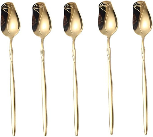 Stainless Steel Spoon Set 5 Pack, Rose flower shaped spoon, Coffee spoon，Dessert Spoon, Ice Cream Spoons, tea spoons，Love spoon, Cute holiday gift (gold)