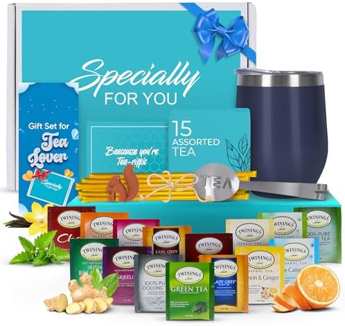 Tea Gift Set for Women and Men – Elegant Tea Sets for Women Gift with 15 Unique Teas, Stainless Steel Tumbler & 10 Honey Straws in Premium Box (Blue) by ModernElegance