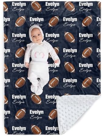 Personalized Football Blanket - Customized Name with Footballs Patterns - Soft Plush Flannel Blanket with Double Layer Dotted Backing for Baby Toddler Kids Teen Boys Girls Gifts Navy by Duckbe