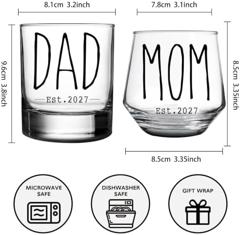 New Parents Glass Gift Set, Dad Mom Est 2027 Novelty Wine Glasses - Image 2