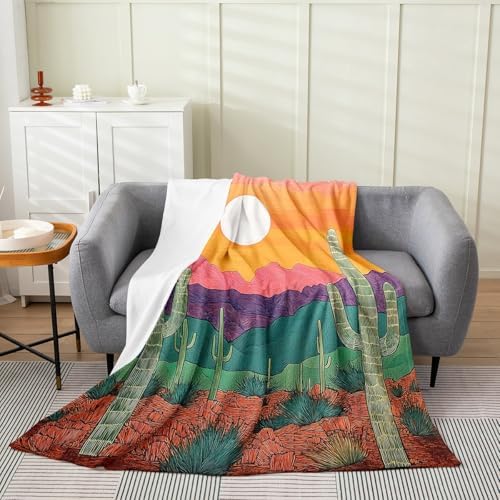 Erosebridal Desert Sunset Flannel Blanket Queen Inch Cactus Fleece Blanket Grass Mountains Print Fuzzy Plush Throw Stone Plants Orange Green Living Room Decor by Erosebridal