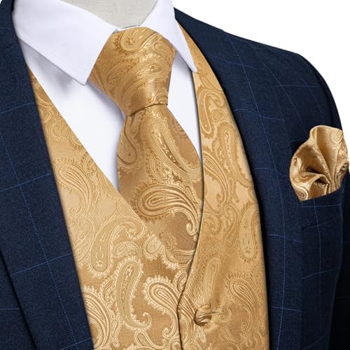 DiBanGu Mens Vest and Tie Set Formal Paisley Waistcoat and Necktie Pocket Square Cufflinks Silk Suit Vest for Tuxedo Wedding - Image 2