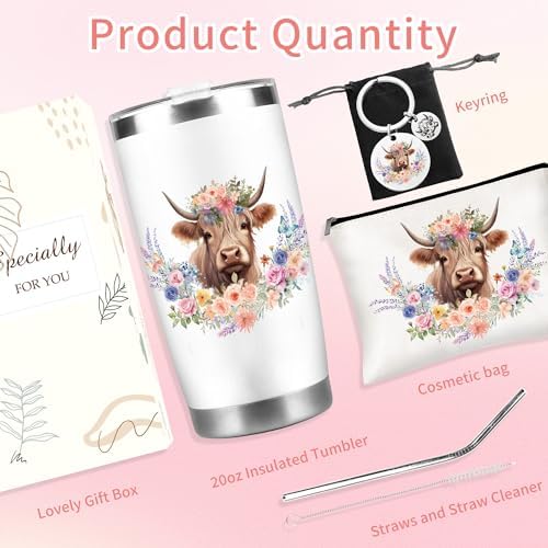 CRASHOT Highland Cow Gifts for Women, Highland Cow Gift, Includes 20 oz Tumbler Cosmetic & Keychain, Birthday Thanksgiving Christmas Surprise for Girls Sister Daughter Best Friends - Image 3