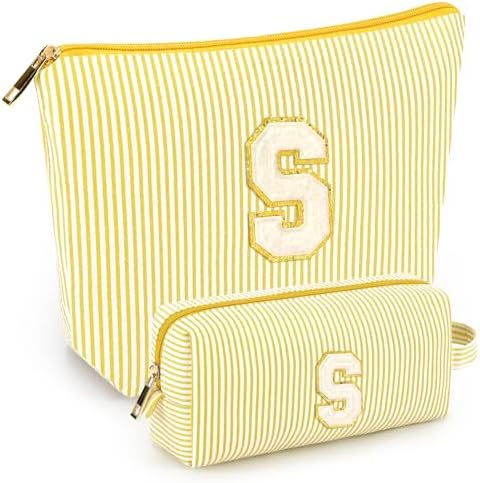 2 PCS Initial Makeup Bags for Women: Cosmetic Bag for Travel Toiletry - Birthday Gifts for 11 12 13 14 15 16 17 18 Years Old Girl Graduation Teacher Gift- Teen Girl Gifts Trendy Stuff - Yellow S by mibasies