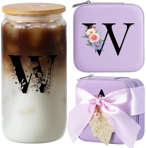 AYGXU Initial Glass Cup - Personalized Birthday & Graduation Gifts for Her, 16oz Tumbler with Small Jewelry Organizer Box, Purple by AYGXU