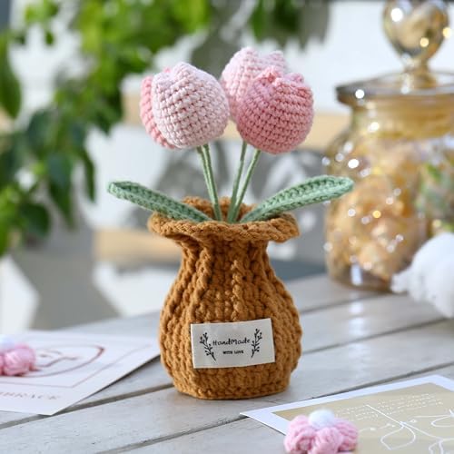 Tulip Crochet Flower Potted Plant Handmade Desk Decor Gift - Image 2