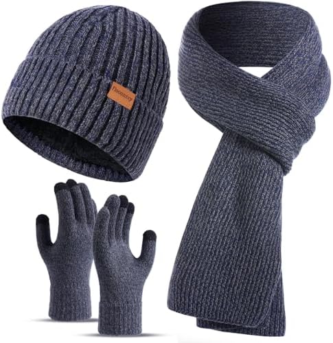 floconssy Men's Winter Hat Scarf Gloves Set of 3, Knit Thermal Combo Gifts by floconssy