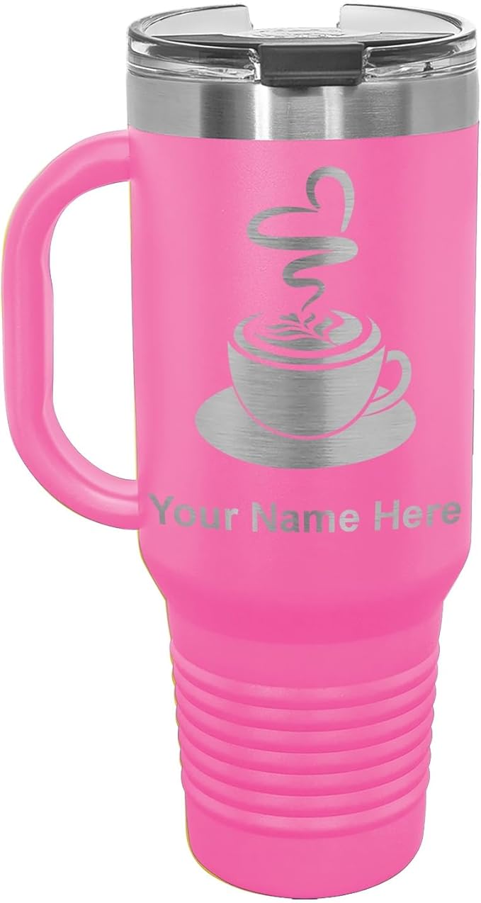 LaserGram 40oz Vacuum Insulated Travel Mug with Handle, Cup of Coffee, Personalized Engraving Included (Pink)