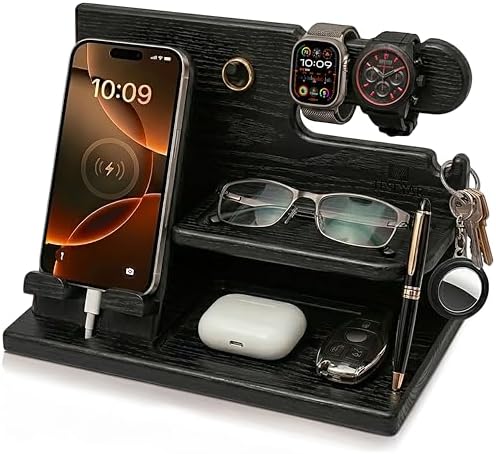 TESLYAR Wood Phone Docking Station for Men - Desk or Nightstand Organizer - Birthday Gifts for Husband, Dad - Anniversary Idea from Wife - Key Holder, Stand Wallet, Watch & Essentials (Granite Black) by TESLYAR