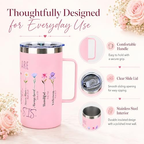 Sister Birthday Gifts, Sisters Gifts from Sister, 20 Oz Pink Floral Insulated Coffee Mug with Handle and Lid, Christmas Birthday Gift Tumbler for Sisters Adult, Big Sis Gift - Image 3