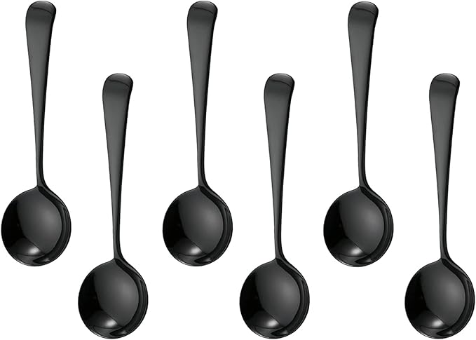 Metal Soup Spoons,Stainless Steel Spoons for Soup Round Colorful Dinner Spoons Thick Short handle Table Spoon 6.3-Inch, Set of 6 (Black)